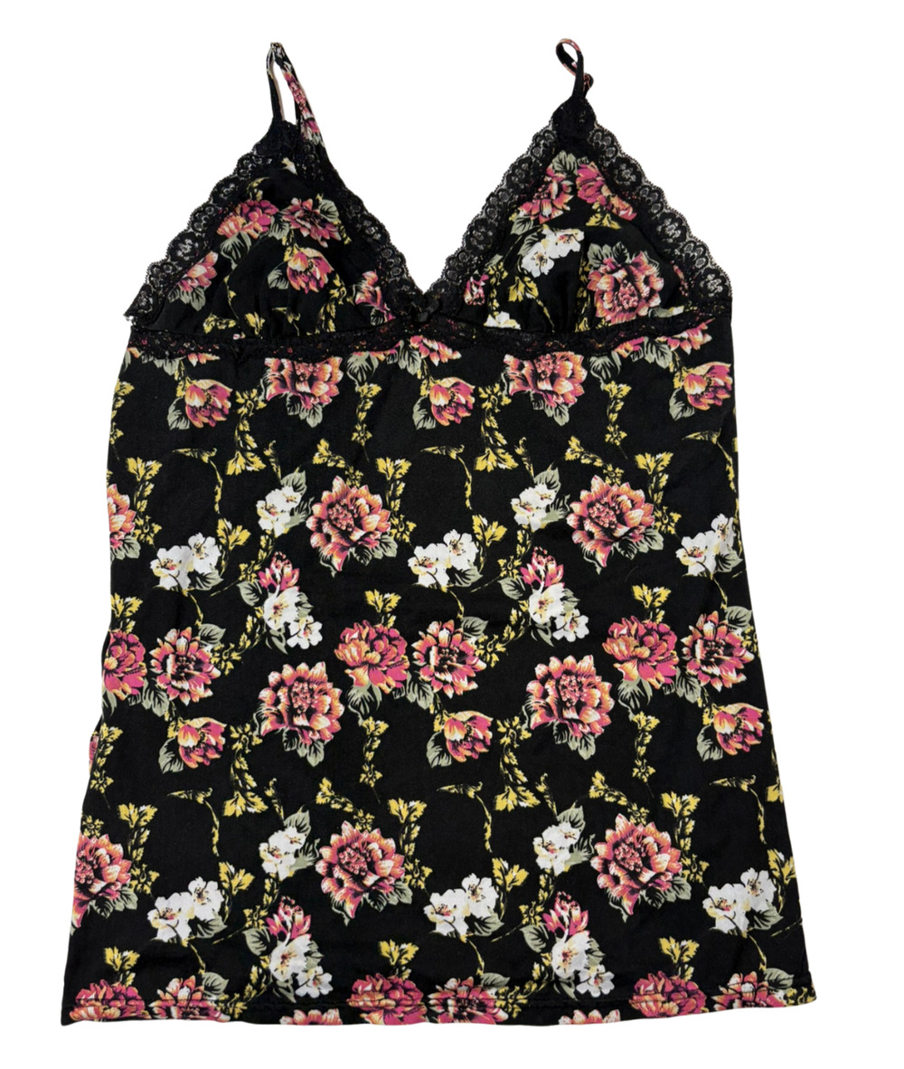 Floral V-neck Tank Top Black Pink White Lace Trim Adjustable Straps Stretch